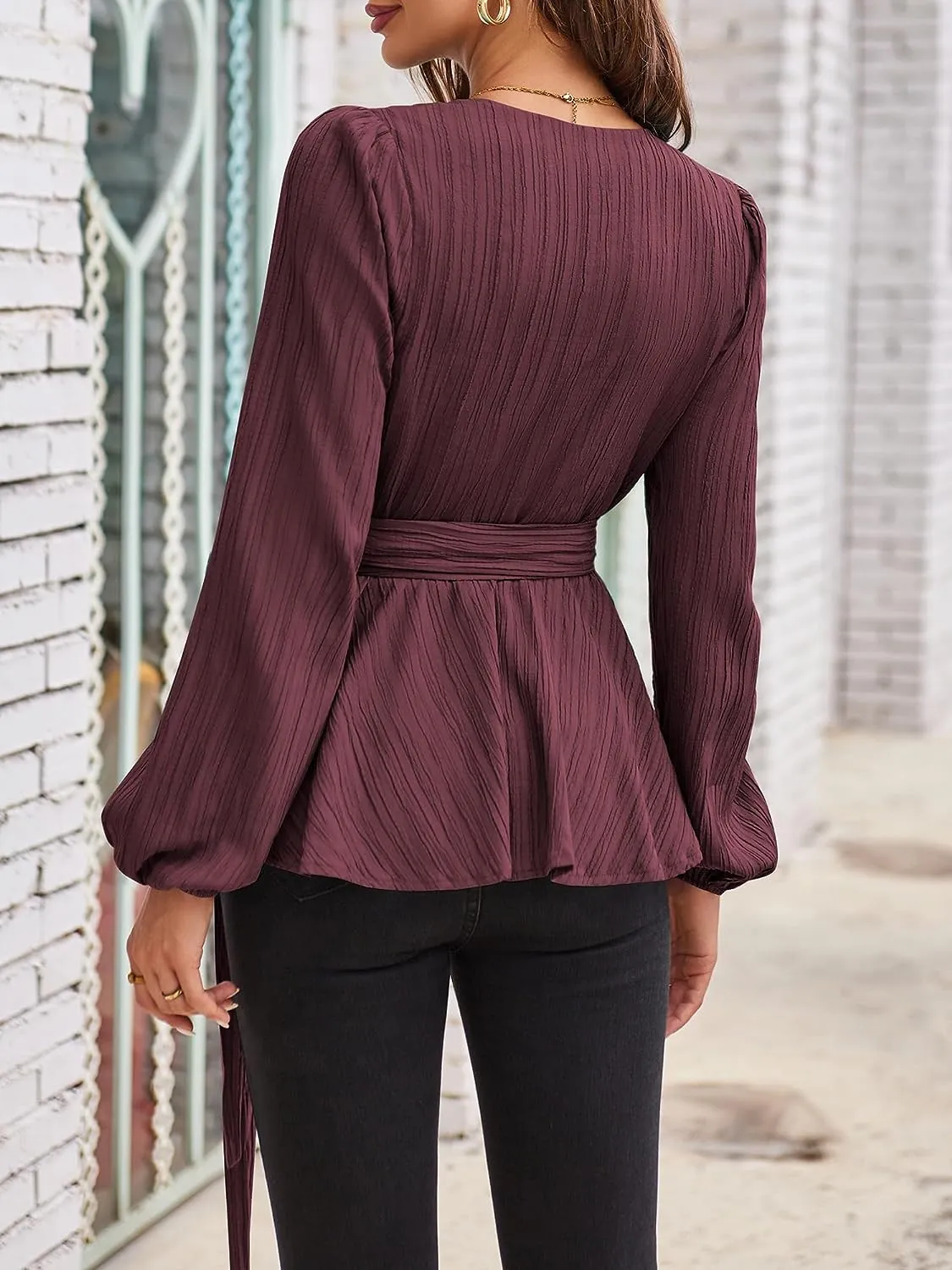 Placket with self-tie V-neck Long Sleeve Shirts