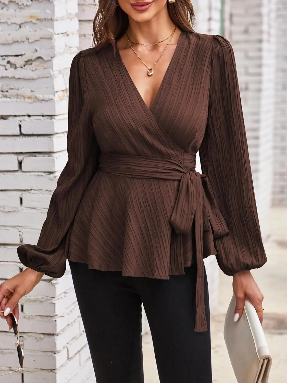 Placket with self-tie V-neck Long Sleeve Shirts