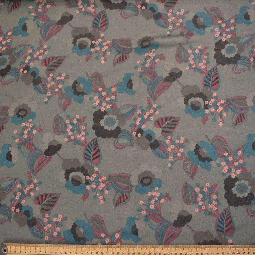 Printed Chiffon Design-249 Pink & Blue Floral on Grey