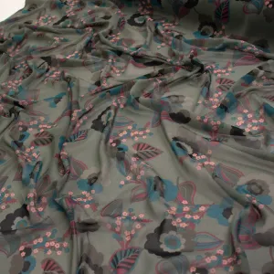 Printed Chiffon Design-249 Pink & Blue Floral on Grey