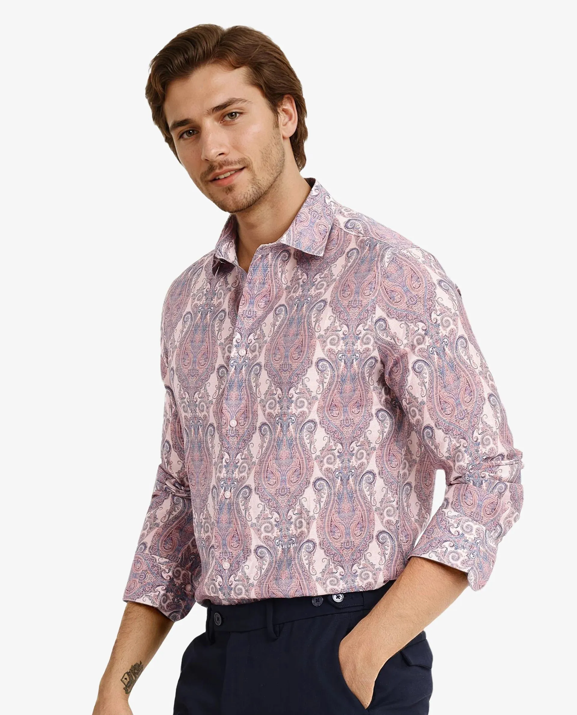 Rare Rabbit Men Gisda Pastel Pink Full Sleeve Button Closure Regular Fit Paisley Print Shirt