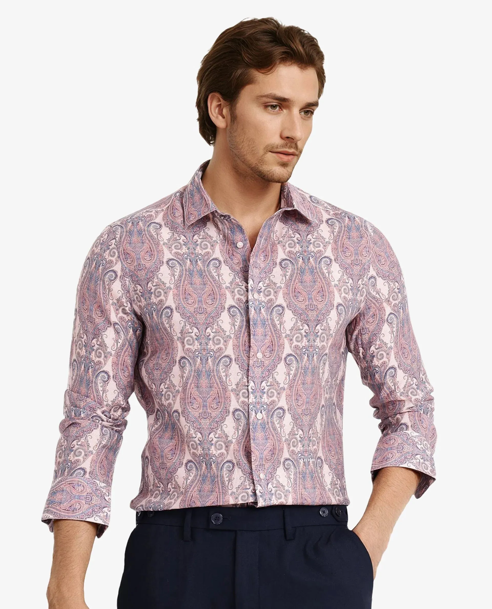 Rare Rabbit Men Gisda Pastel Pink Full Sleeve Button Closure Regular Fit Paisley Print Shirt