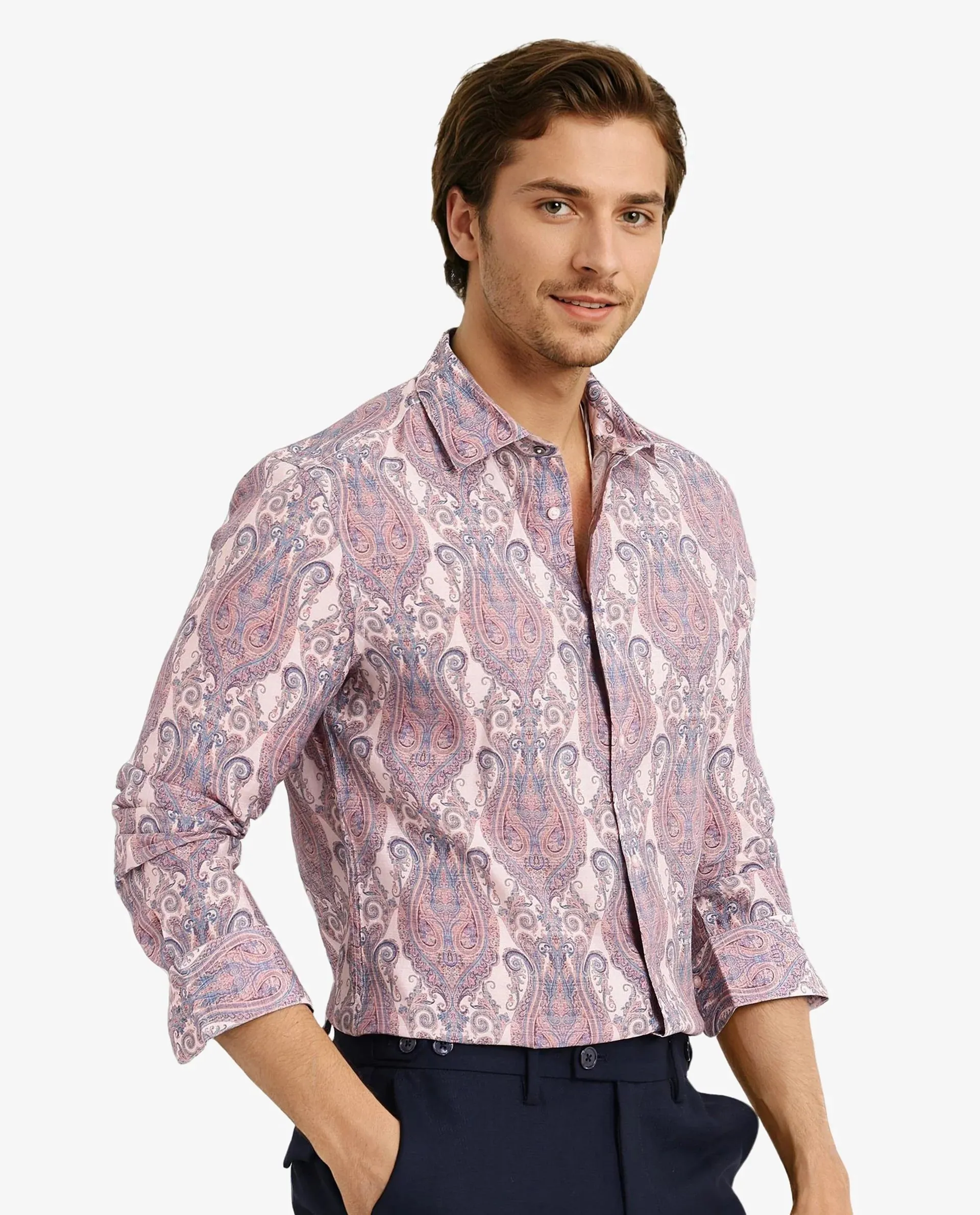 Rare Rabbit Men Gisda Pastel Pink Full Sleeve Button Closure Regular Fit Paisley Print Shirt