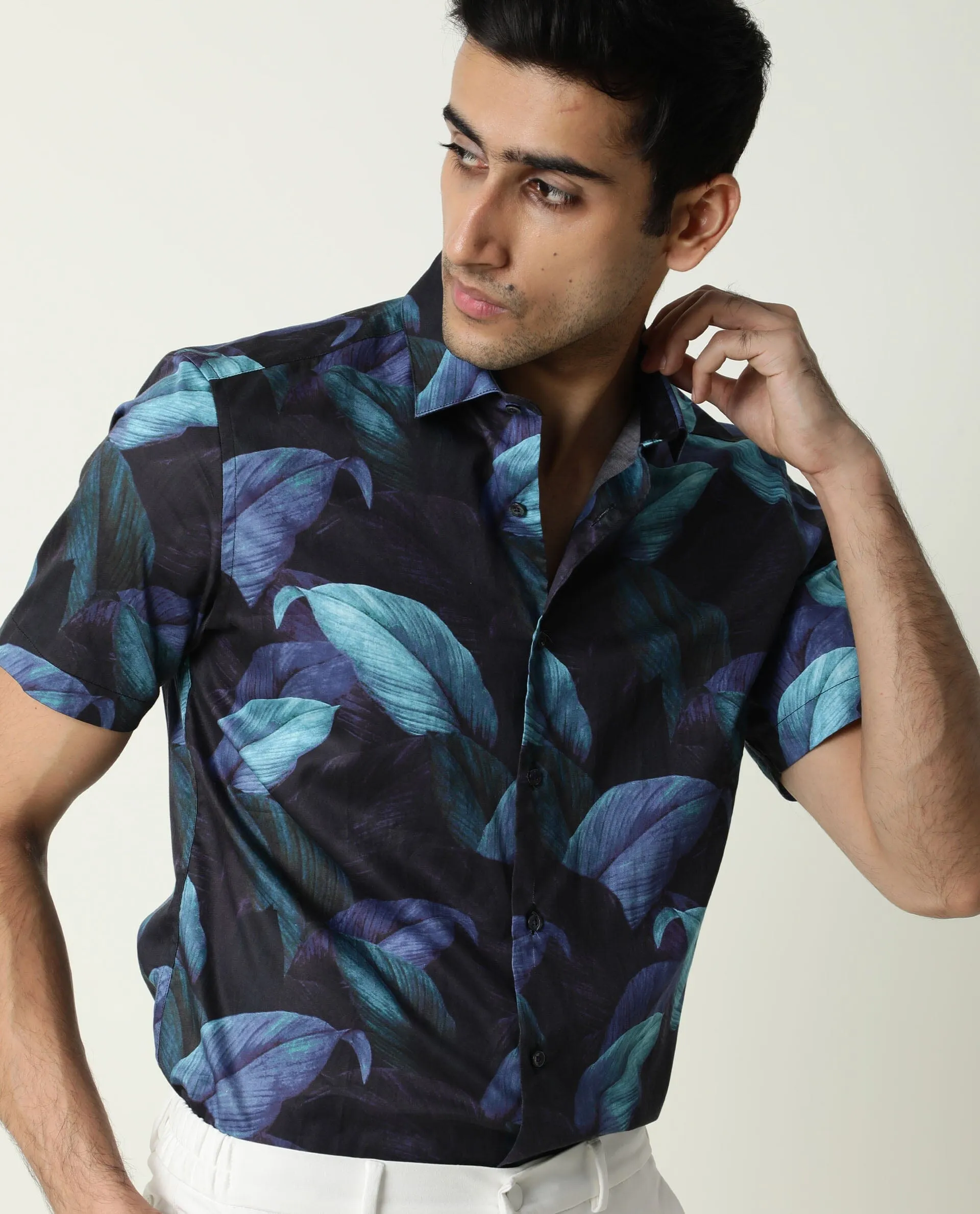 Rare Rabbit Men's Growers Navy Viscose Fabric Half Sleeves Tropical Print Shirt