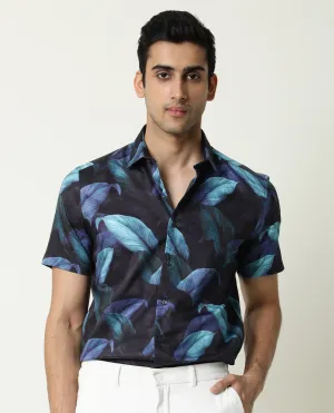 Rare Rabbit Men's Growers Navy Viscose Fabric Half Sleeves Tropical Print Shirt