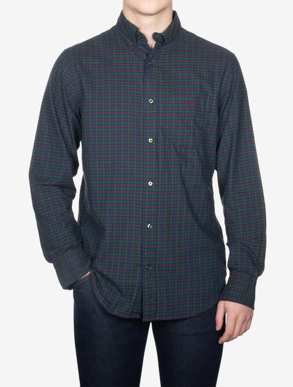 Regular Twill Micro Multi Check Shirt Forest Green