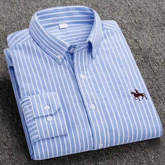 S- 6XL Oxford Shirts For Mens Long Sleeve Cotton Casual Dress Shirts Male Solid Plaid Chest Pocket Regular-Fit Man Social Shirt