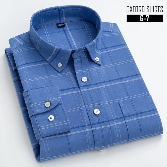 S- 6XL Oxford Shirts For Mens Long Sleeve Cotton Casual Dress Shirts Male Solid Plaid Chest Pocket Regular-Fit Man Social Shirt