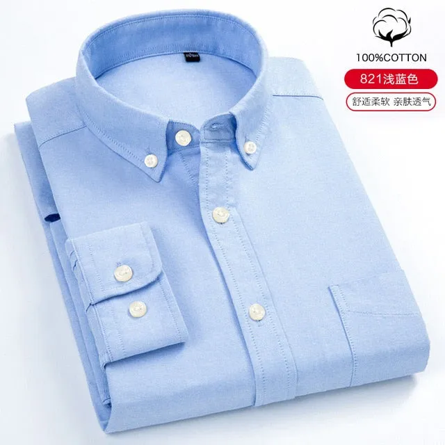 S- 6XL Oxford Shirts For Mens Long Sleeve Cotton Casual Dress Shirts Male Solid Plaid Chest Pocket Regular-Fit Man Social Shirt