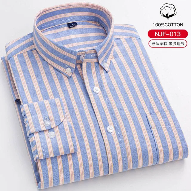 S- 6XL Oxford Shirts For Mens Long Sleeve Cotton Casual Dress Shirts Male Solid Plaid Chest Pocket Regular-Fit Man Social Shirt