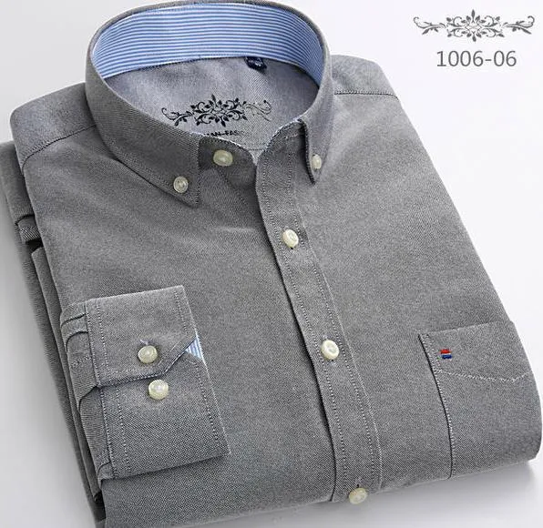 S- 6XL Oxford Shirts For Mens Long Sleeve Cotton Casual Dress Shirts Male Solid Plaid Chest Pocket Regular-Fit Man Social Shirt