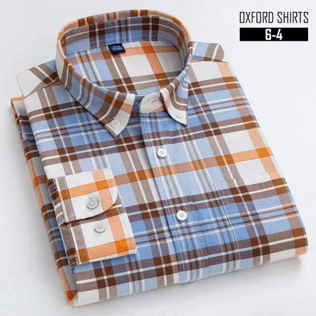 S- 6XL Oxford Shirts For Mens Long Sleeve Cotton Casual Dress Shirts Male Solid Plaid Chest Pocket Regular-Fit Man Social Shirt