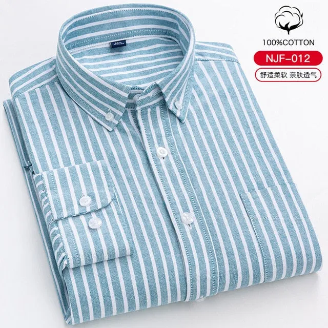 S- 6XL Oxford Shirts For Mens Long Sleeve Cotton Casual Dress Shirts Male Solid Plaid Chest Pocket Regular-Fit Man Social Shirt