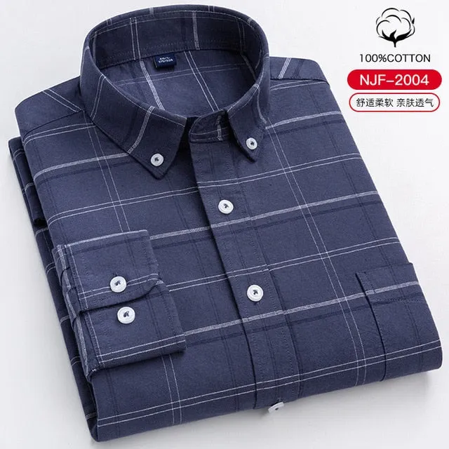 S- 6XL Oxford Shirts For Mens Long Sleeve Cotton Casual Dress Shirts Male Solid Plaid Chest Pocket Regular-Fit Man Social Shirt