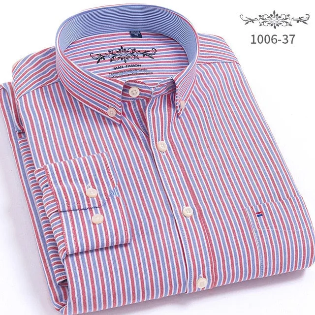 S- 6XL Oxford Shirts For Mens Long Sleeve Cotton Casual Dress Shirts Male Solid Plaid Chest Pocket Regular-Fit Man Social Shirt