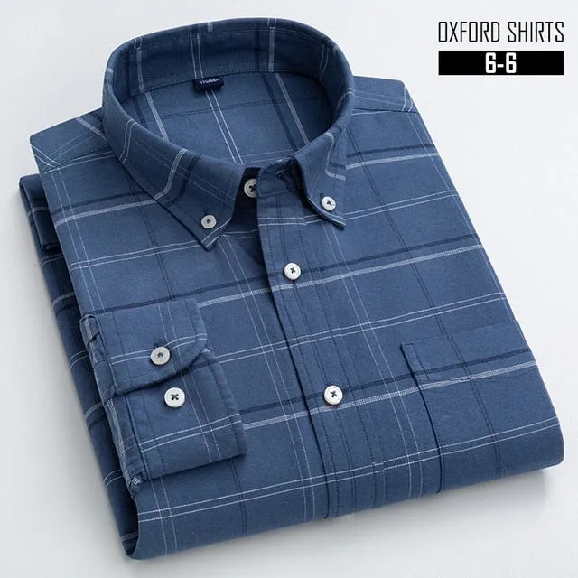 S- 6XL Oxford Shirts For Mens Long Sleeve Cotton Casual Dress Shirts Male Solid Plaid Chest Pocket Regular-Fit Man Social Shirt