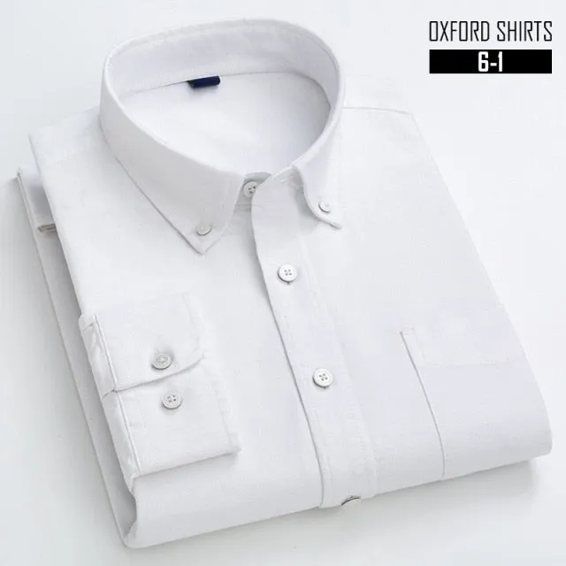 S- 6XL Oxford Shirts For Mens Long Sleeve Cotton Casual Dress Shirts Male Solid Plaid Chest Pocket Regular-Fit Man Social Shirt