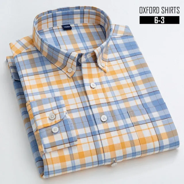 S- 6XL Oxford Shirts For Mens Long Sleeve Cotton Casual Dress Shirts Male Solid Plaid Chest Pocket Regular-Fit Man Social Shirt