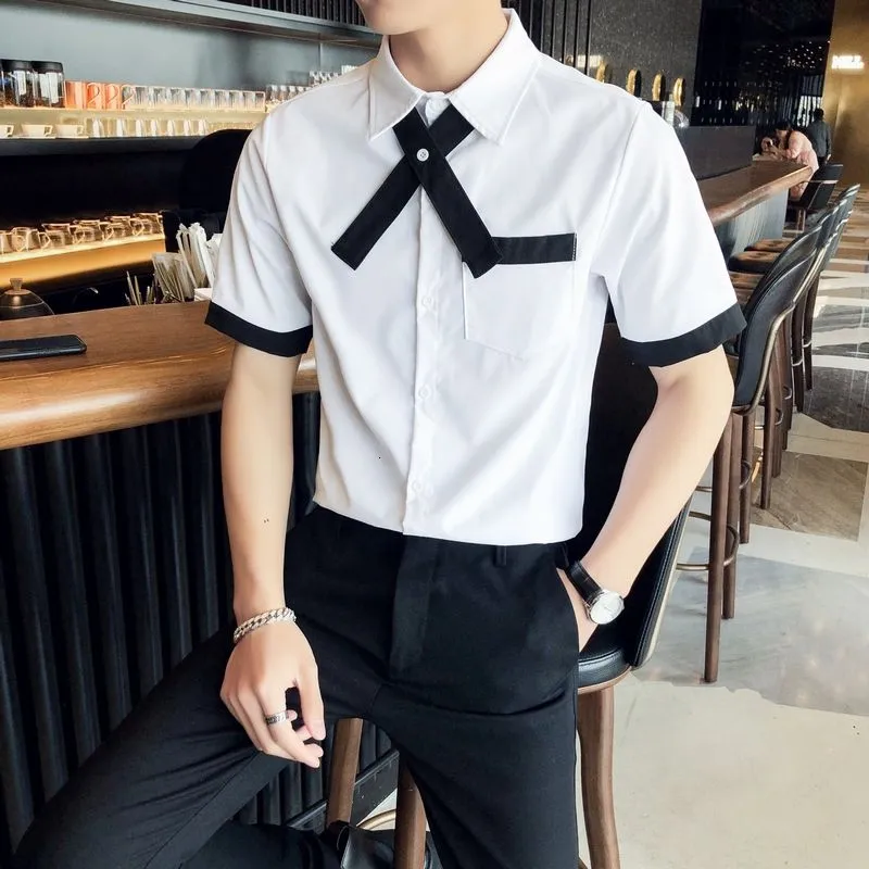 Simple Crossed Tie Contrast Color Shirt