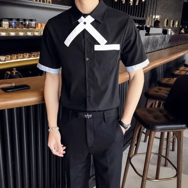 Simple Crossed Tie Contrast Color Shirt