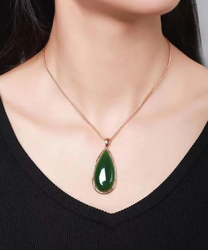 Simple Tea Green Sterling Silver 18K Inlaid Jade Pendant Necklace