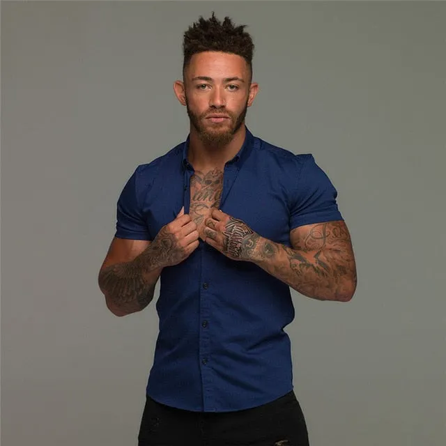 Summer Fashion Short Sleeve Shirt Men Solid Super Slim Fit Male Social Business Dress Shirt Brand Men Gym Fitness Sport Clothing