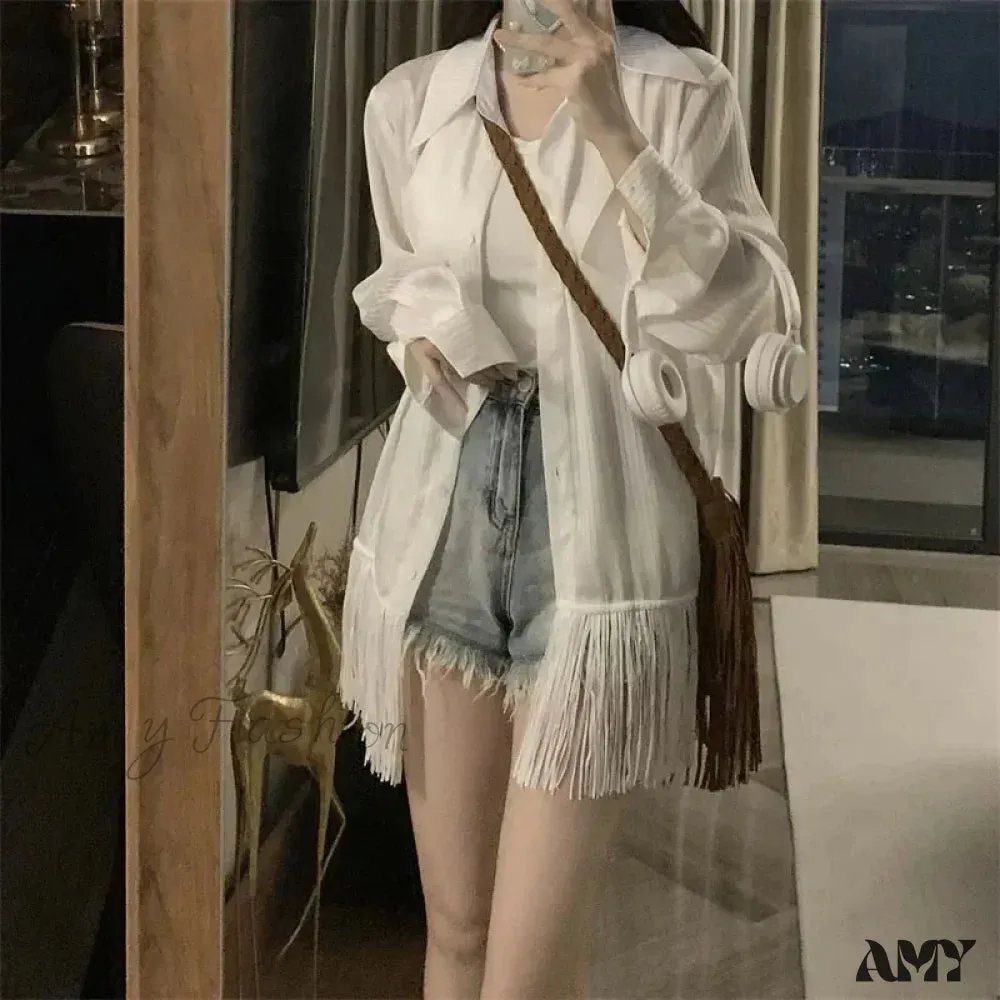 Tassel White Thin Simple Mid-Length Casual Top Blouse