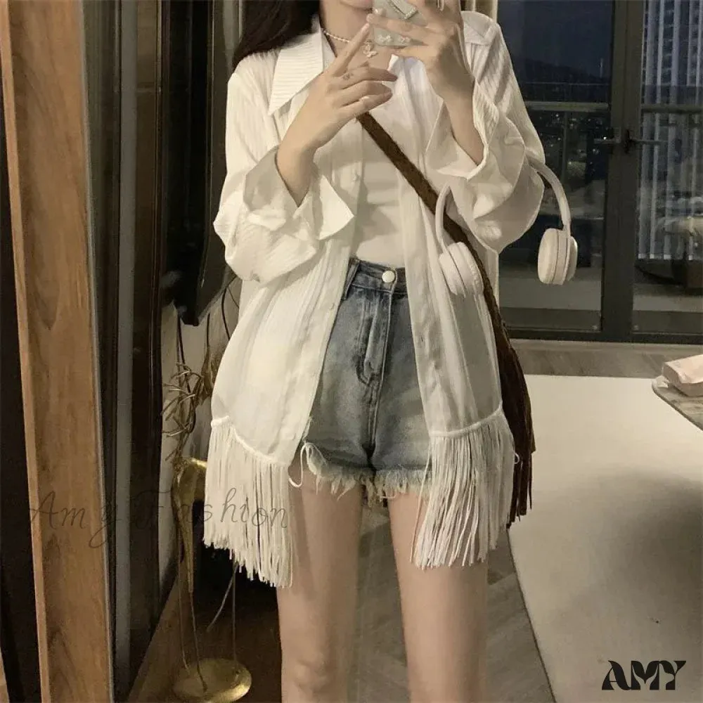 Tassel White Thin Simple Mid-Length Casual Top Blouse