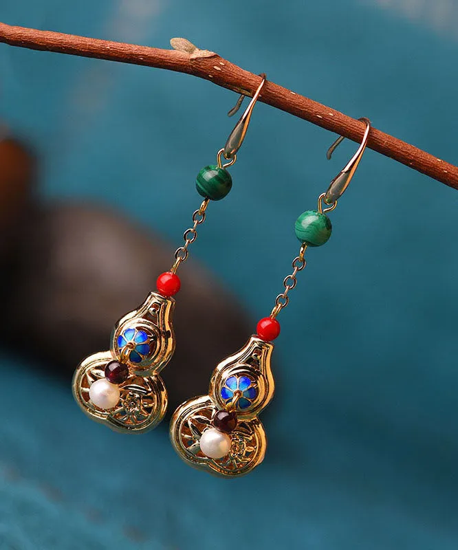 Unique Gold Color Gourd Original Design 14K Gold Drop Earrings