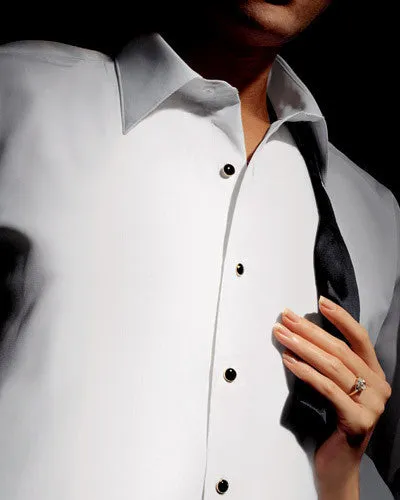 White Fitted (Lorenzo) Tuxedo Shirt By Christoforo Cardi - Non-Pleated with Laydown Collar -100% Pima Cotton