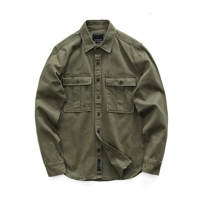 xiangtuibao Male Cargo Work Shirts New 100% Cotton Military Shirt Men Long Sleeve Casual Dress Ami Kaji American Retro Shirt